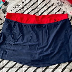 Blue and red swim skirt.